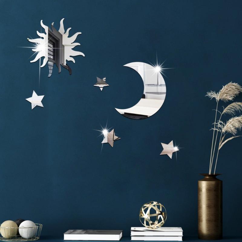 6Pcs Star Moon Combination Mirror Acrylic Stereo Self Adhesive Diy Bedroom Living Room Can Be Removed Wall Stickers