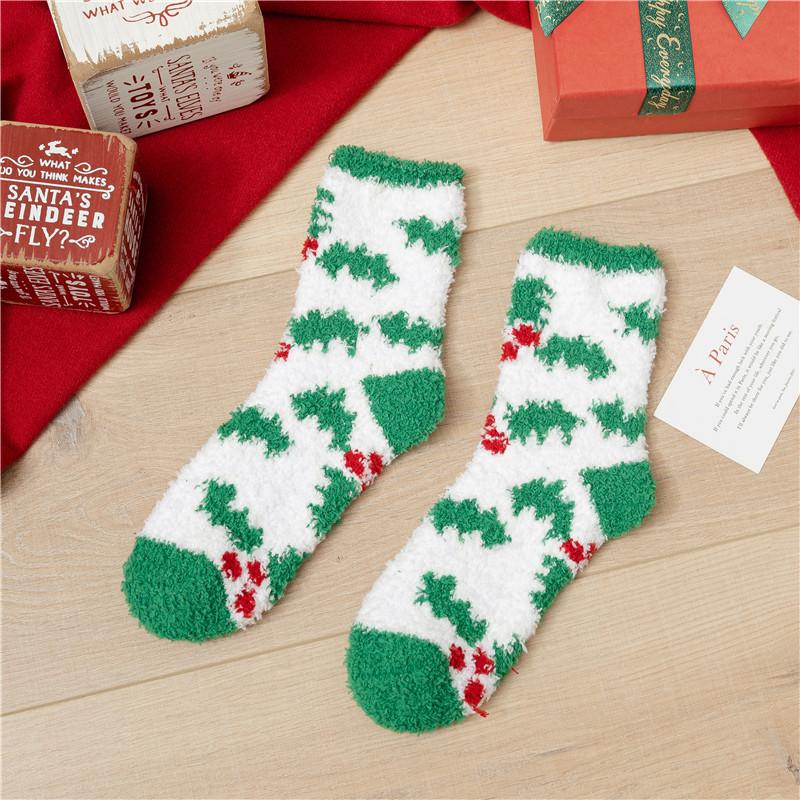 Kawaii Christmas Socks Autumn Winter Thicken Warm Mid-tube Plush Women Socks Coral Fleece Cartoon Homewear Floor Sleeping Socks