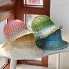 Lady Sweet Fresh Colors Gradient Weave Stripe Hollow Grass Sunscreen Bucket Beach Straw Hat