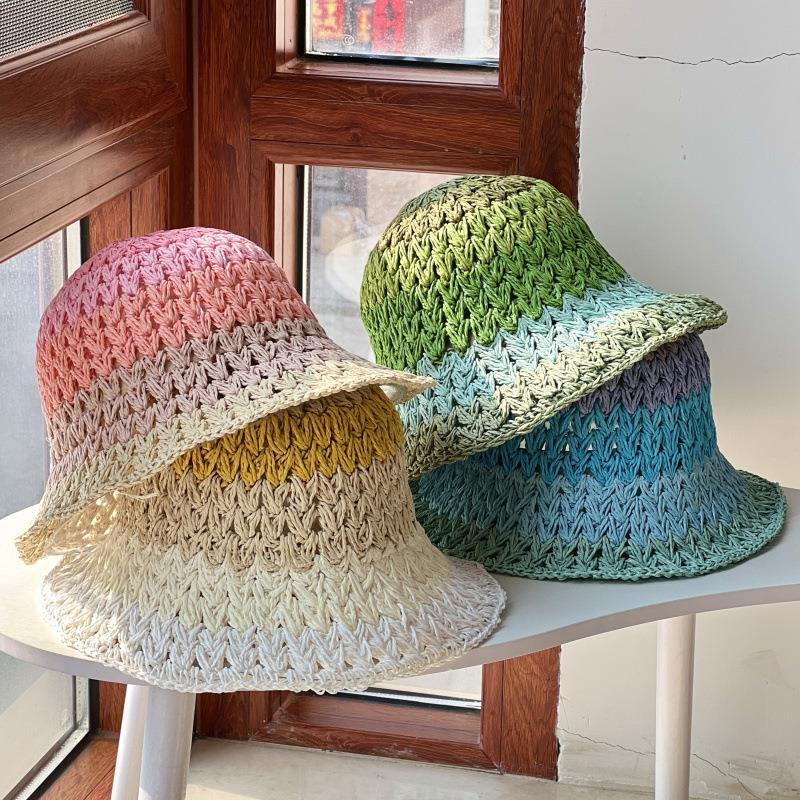 Lady Sweet Fresh Colors Gradient Weave Stripe Hollow Grass Sunscreen Bucket Beach Straw Hat