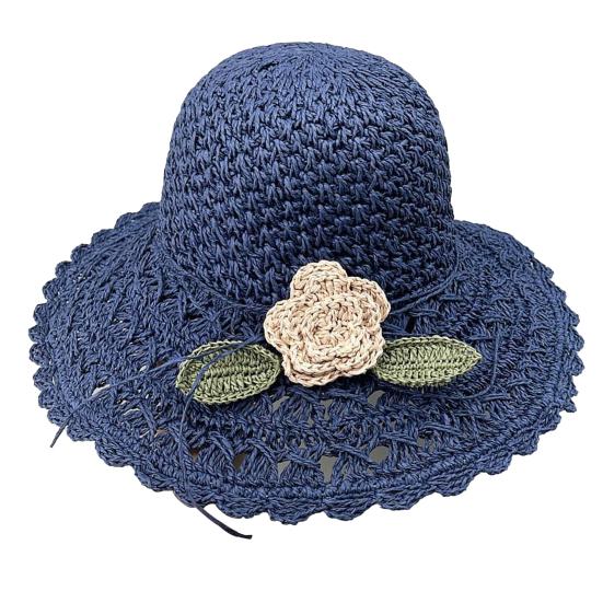 Strandhut für Damen, handgewebter Sonnenhut mit Blumenmuster, breiter Krempe, UV-Schutz, faltbare Häkel-Strohkappe für Strandreisen im Sommer