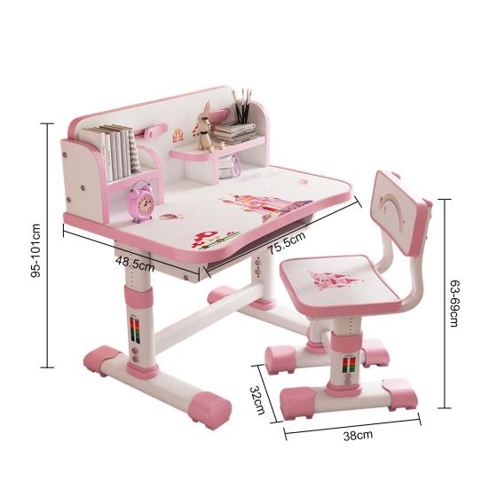 Kids Functional Desk and Chair Set Height Adjustable Children School Study Table Chair Set with Cartoon Pattern Ergonomic Desk Chair (Pink, Blue)