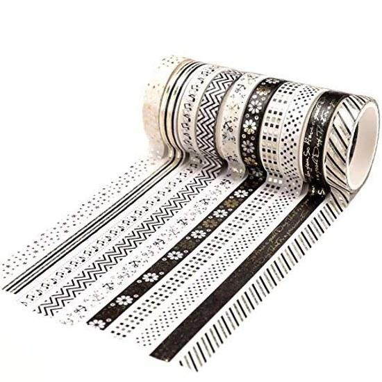 YUBBAEX masking tape thin gold foil 8mm width x 10 rolls thin. Suitable gift wrapping DIY crafts notebook decoration (black white).