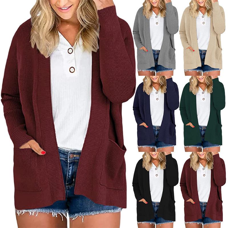 Damen S Langarm Strickjacke Einfarbig Lockerer Schnitt Pullover