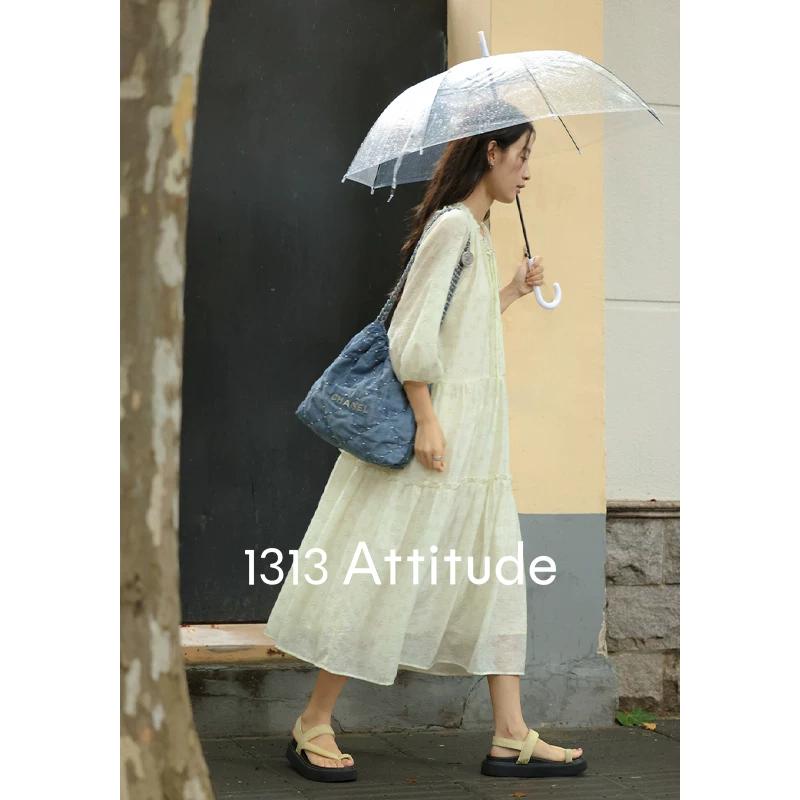 Gentle floral lace-up apricot dress summer women s lace collar elegant loose dress S