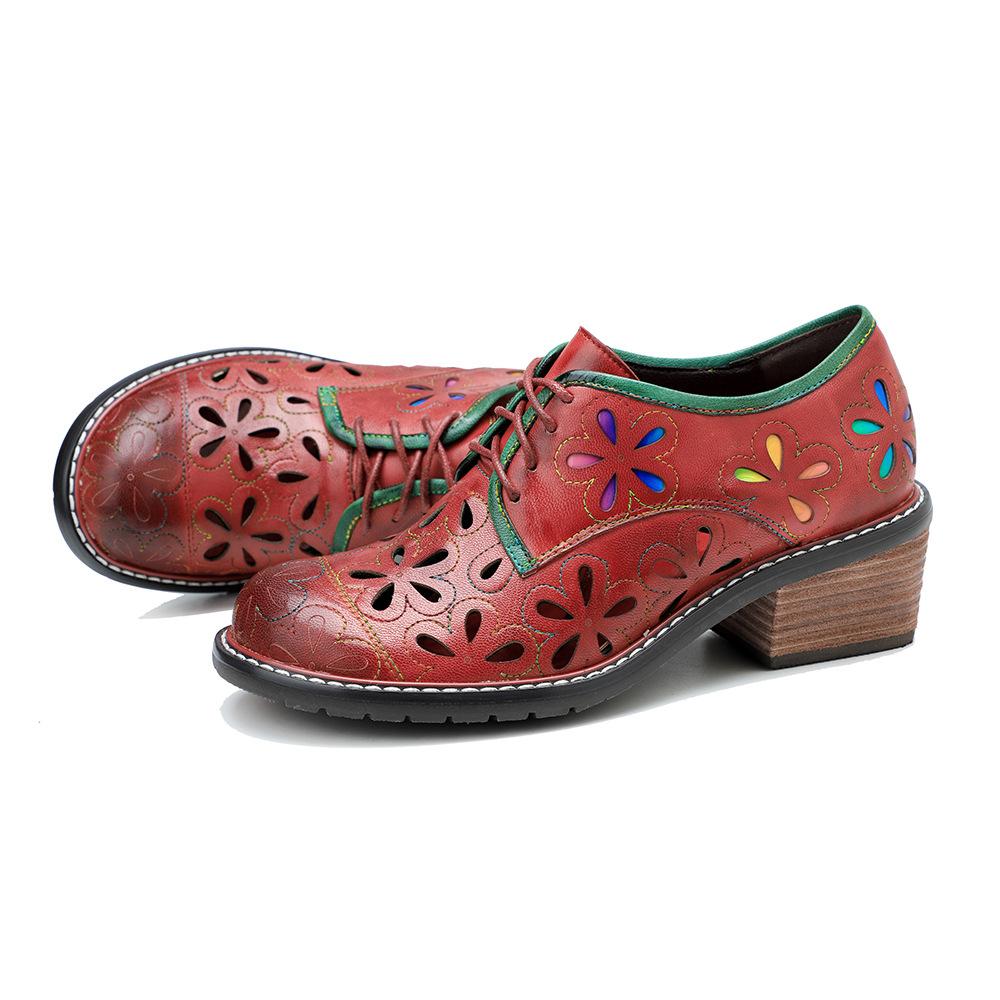 Johnature Genuine Leather Versatile Women Pumps Hand Brushed Vintage Contrast Hollow Out Thick Heels Shoes
