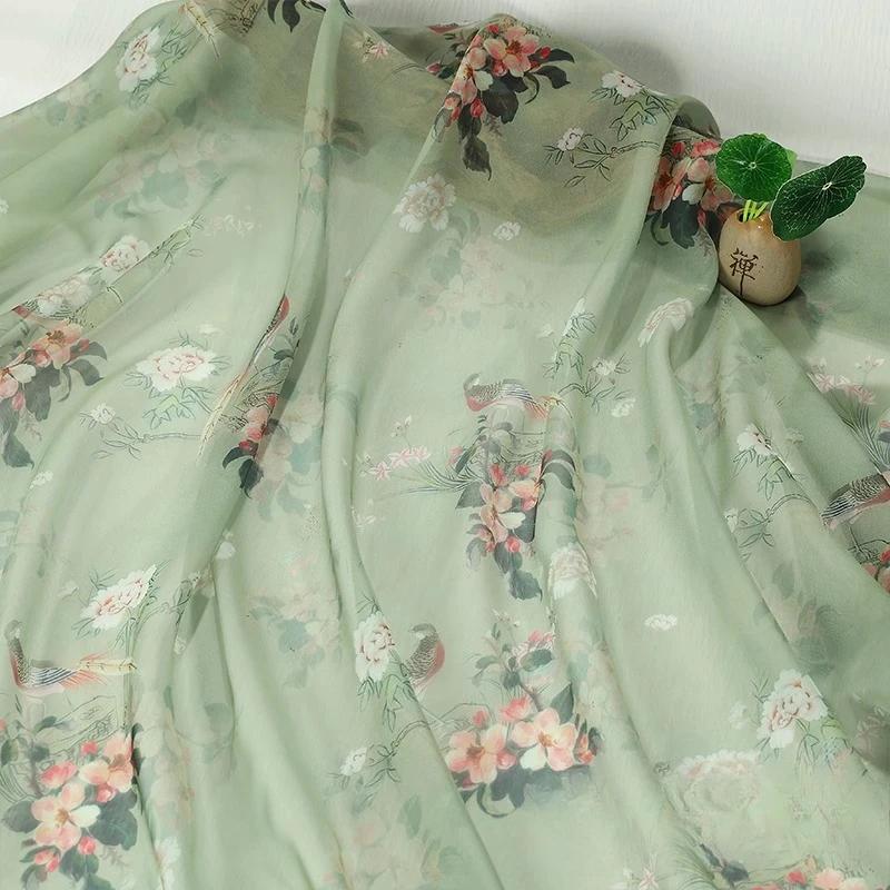 Hedvábný šátek dekorativní 30D Tištěný šifon Inkoustová malba Čínský styl Látka Starobylý kostým Hanfu Sukně Gáza Gázová oděvní látka