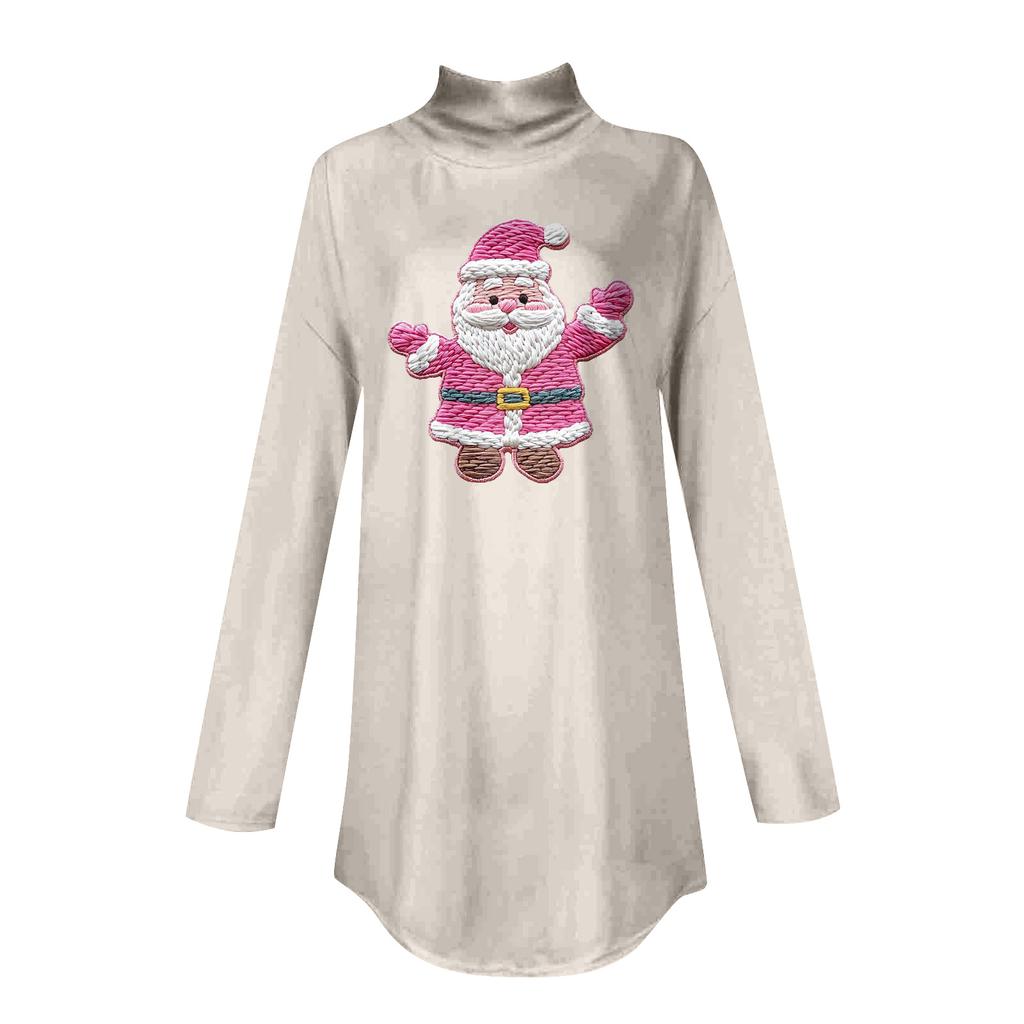 Women's Fashionable Loose-Fit High-Neck T-Shirt With Christmas Print Long-Sleeved Top