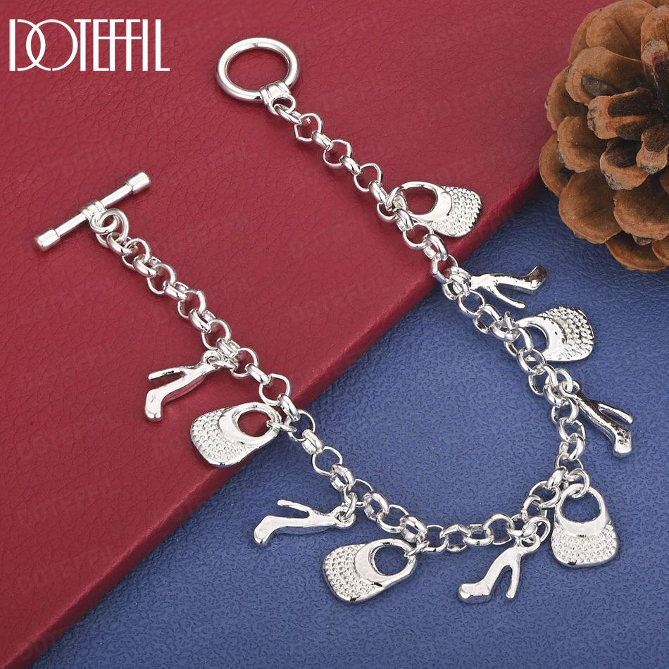 

925 Sterling Silver Shoe Bag Pendant Fashion Bracelet Wedding Jewelry 20cm