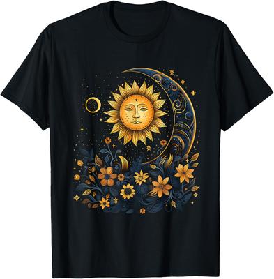Mystisches Sonne und Mond Florales Grafik-T-Shirt Herren Lässig Print Rundhals Atmungsaktiv Reise-T-Shirt
