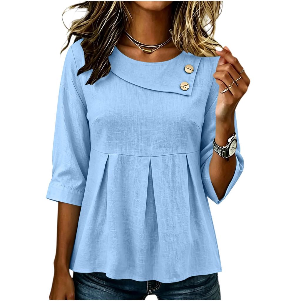 Women's Color Casual Button Down Long Sleeve Blouse with Round Neck