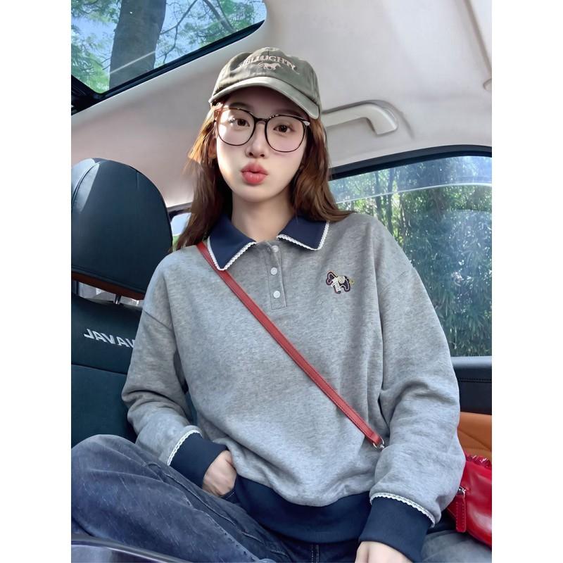 Womens Gray Polo Collar Sweatshirt Loose Fit Cartoon Horse Embroidery Long Sleeve Top 2026