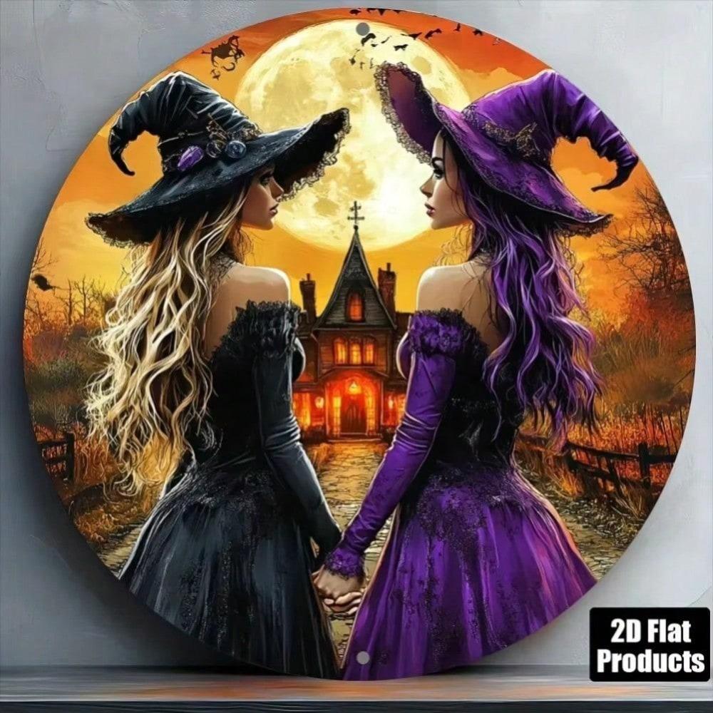 Vintage Gothic Halloween Witch Metal Wall Art with Full Moon 20x20