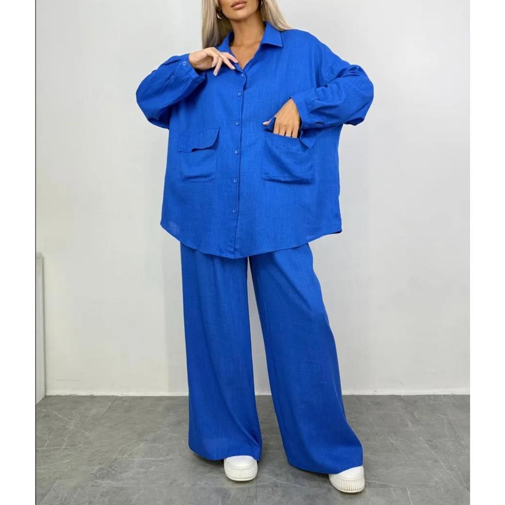 Fall Winter Women's 2 Pieces Outfits Long Sleeve Loose Shirt + Wide Leg Pants Set Casual Fashion Outfit