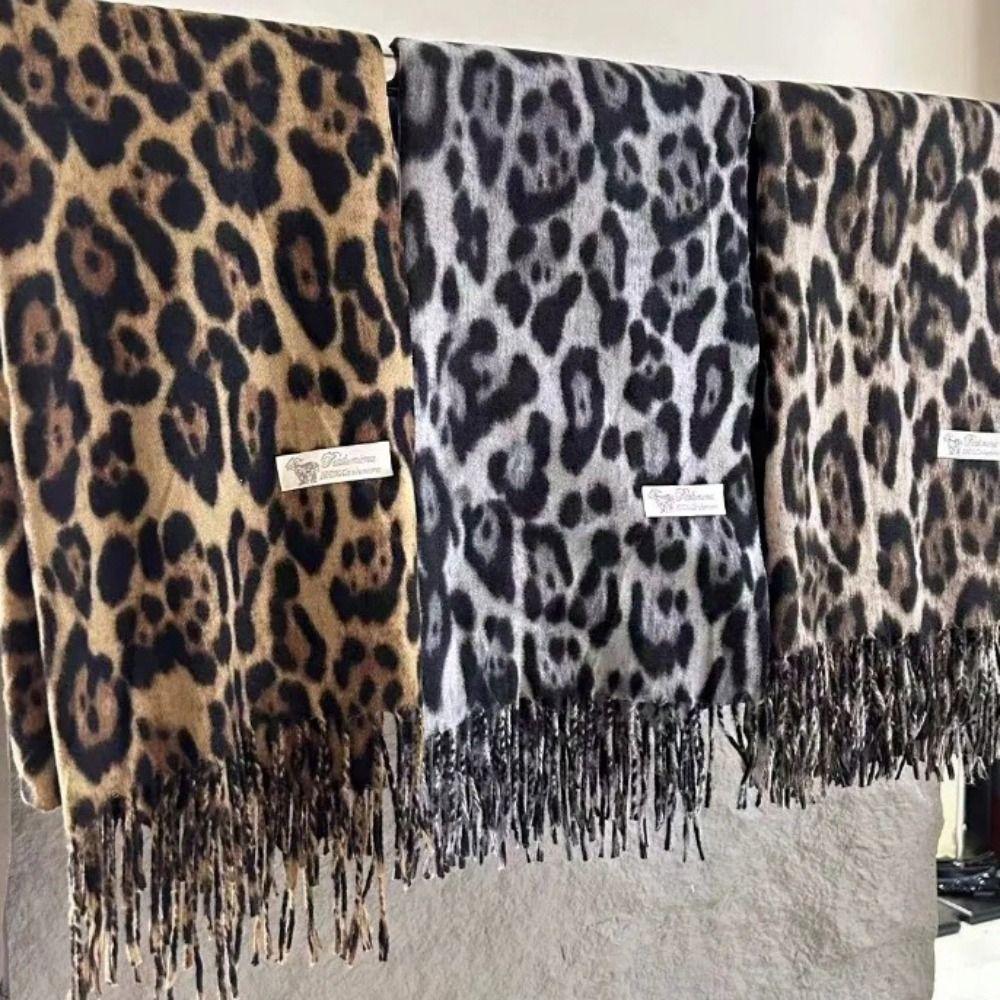 Fleece Leopard Print Scarf Thick Scarves Retro Winter Shawl Wrap  Daily Commute