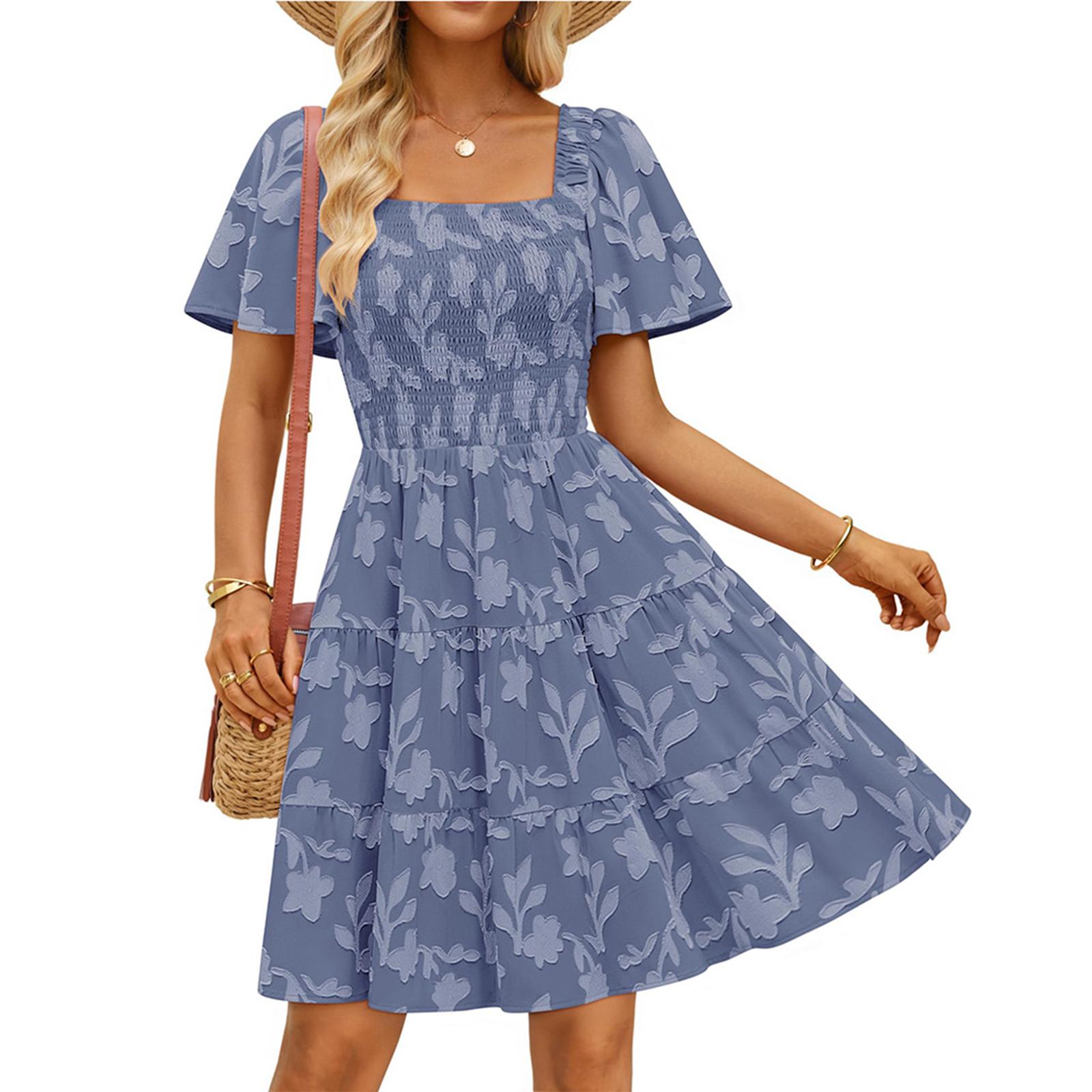 Women s Fashionable Color Square Neck Short Sleeved Casual Loose Dress S синий