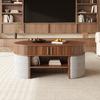 Oval storage coffee table with vertical fluted panelling, set with fabric stools, body made of particleboard+MDF, metal handles, with sliding doors