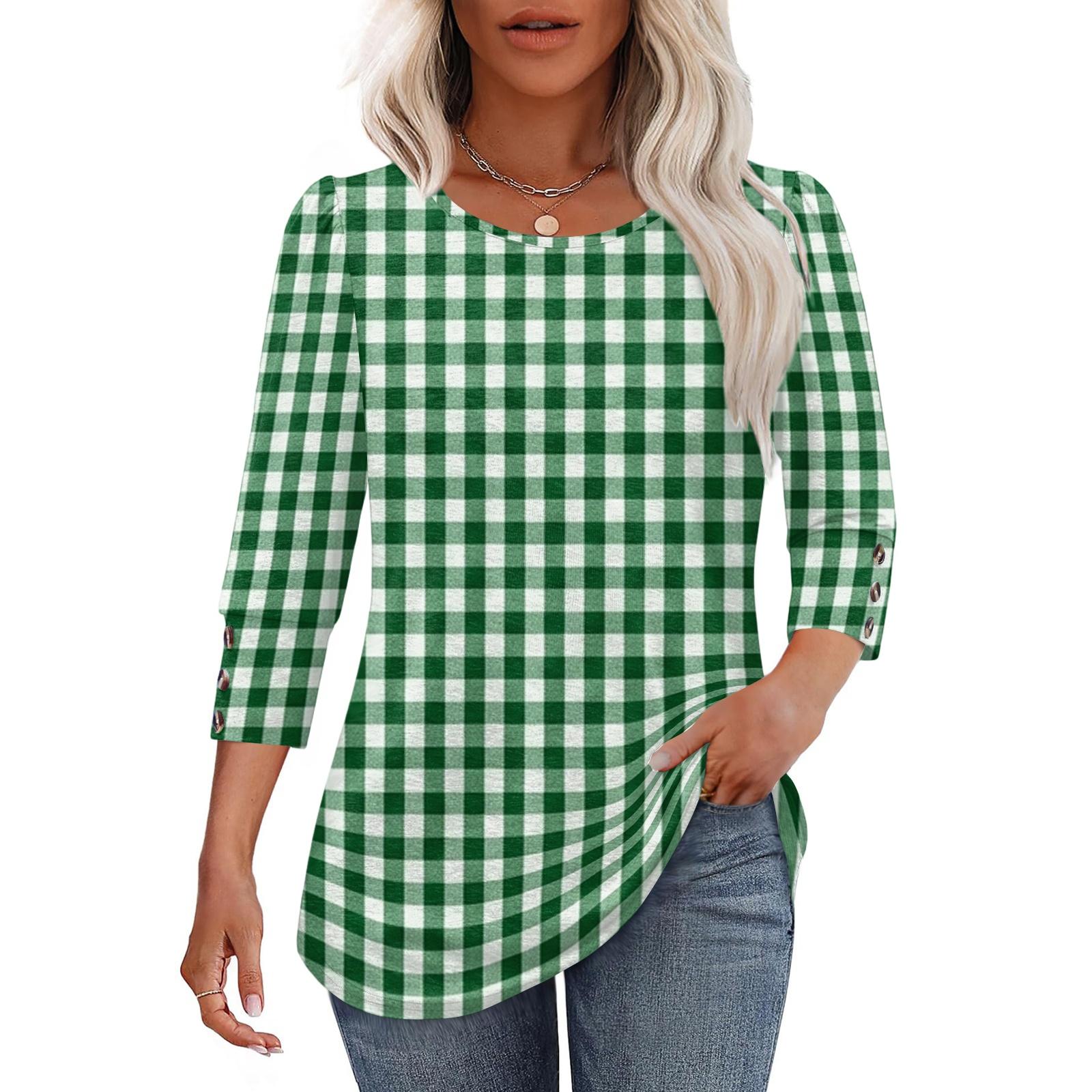 Women Casual Loose Fit Round Neck Three Quarter Sleeve Striped Blouse Button Detail Lightweight Top for Everyday Wear XXL