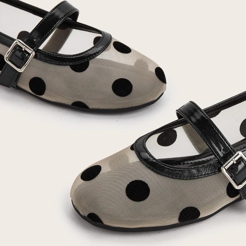 Fashion Breathable Mesh Black Polka Dot Ballet Flats Fashion Shallow Flat Sandals Women Comfortable Round Toe Plus Size Mary Jane Shoes