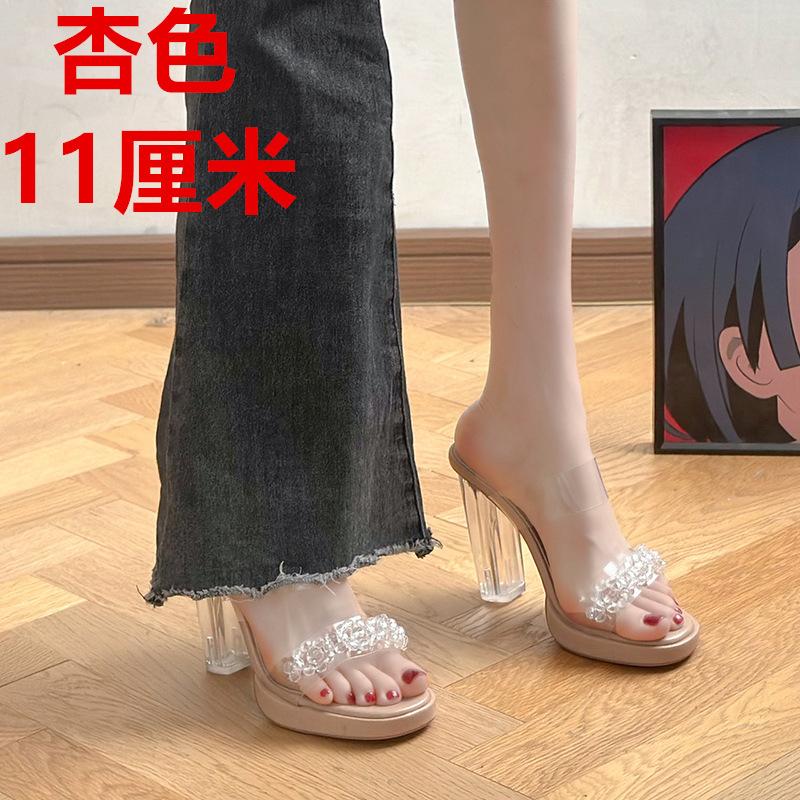 

Однословные тапочки женские летние новые прозрачные хрустальные и цветочные тапочки сексуальные босоножки на высоком каблуке 42