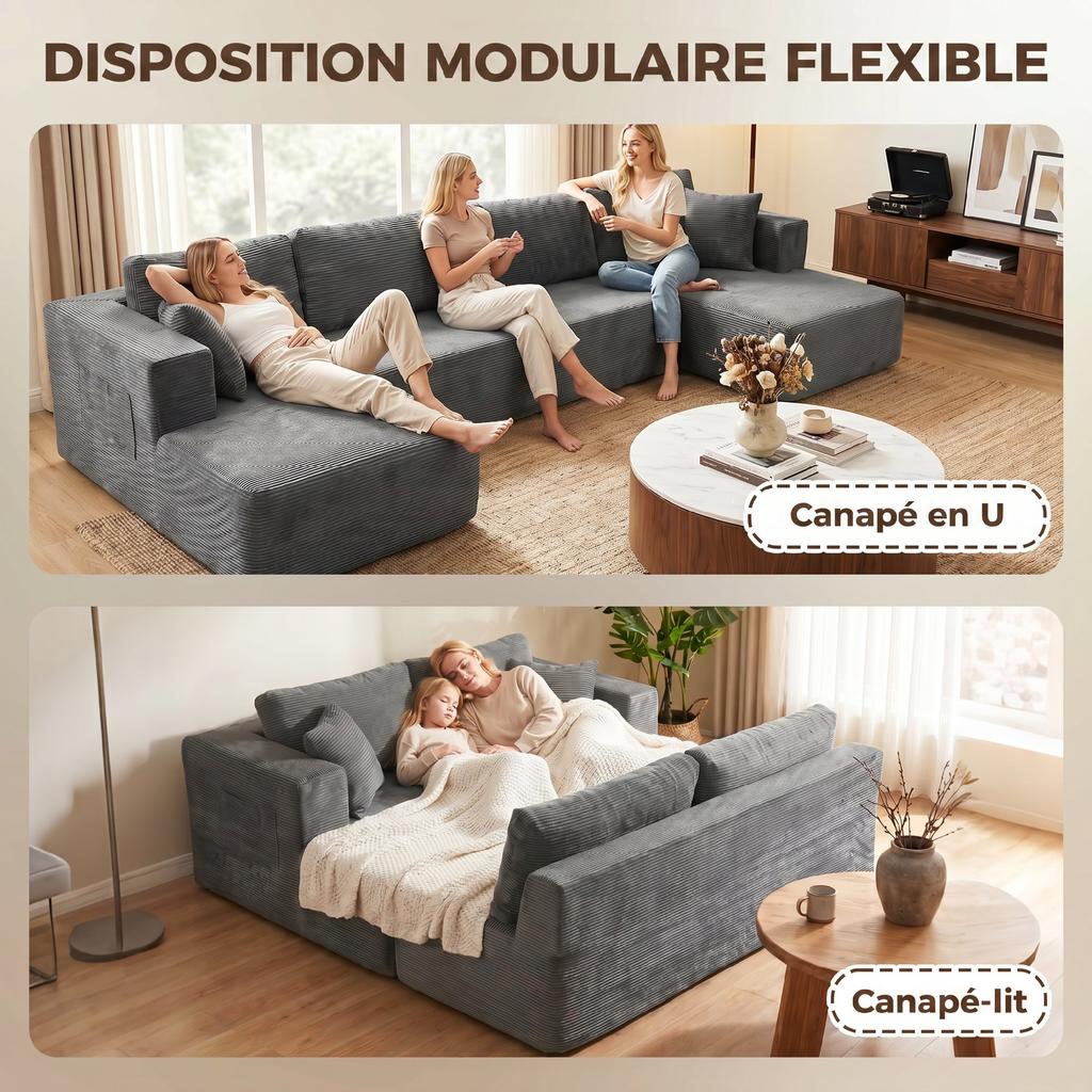 Modular U-Shaped Sofa for 4 People, 2 Chaise Longues, 2-Seater, 6 Cushions, 369 x 152 x 78 cm, Grey