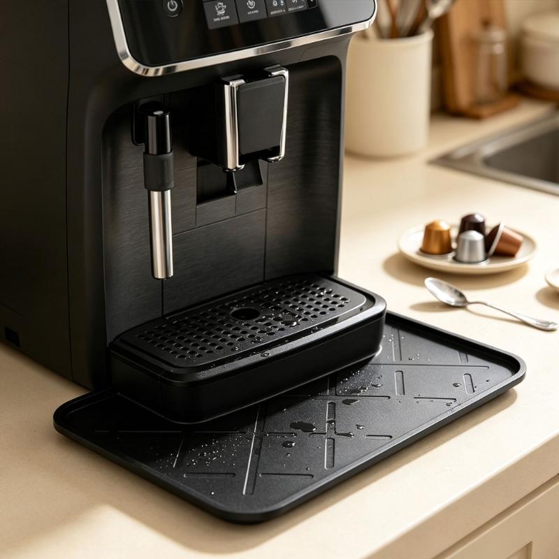Coffee Bar Drying Pad in Silicone with a Raised Perimeter, Crosshatch Grip Texture, and Grooves for Beverage Station Spills and Routine Care