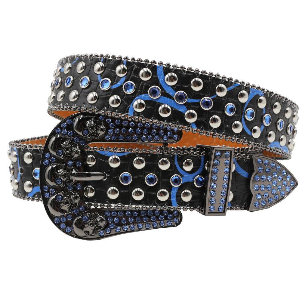 Rhinestone Skull Wide Belt Men Inlaid with Rhinestone Flash Diamond Hip Hop Punk Personality Fashion Non-mainstream