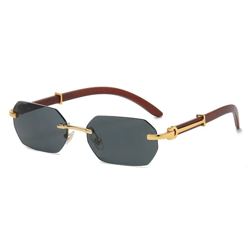 Vintage Rimless Rectangle Sunglasses Irregular Small Square Wood Frame Shades Gold Polygonal UV400 Protection Unisex Eyewear