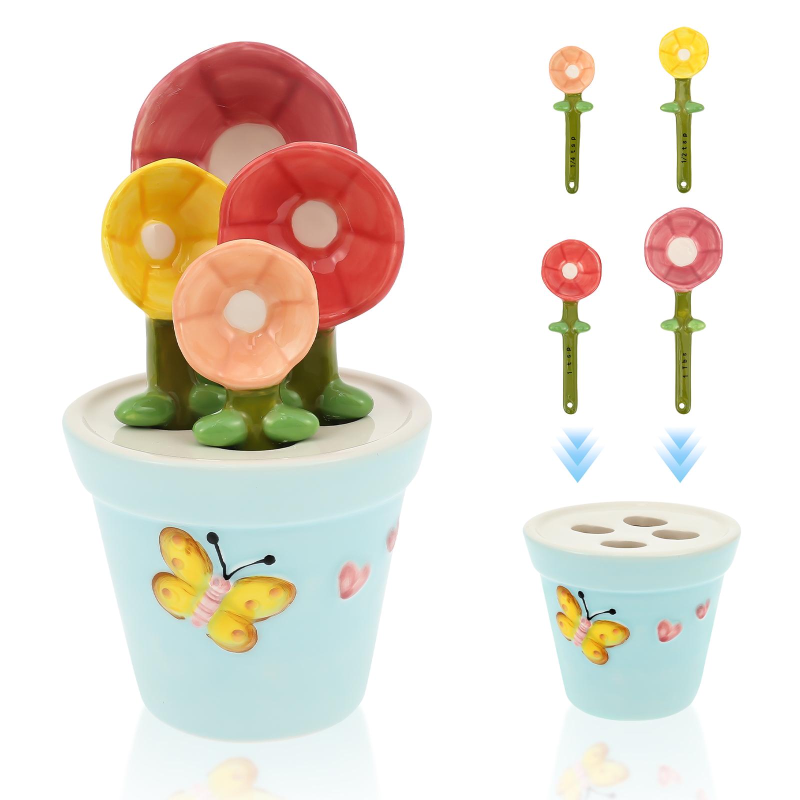 4Pcs Ceramic Measuring Spoon Set Flower Shape Baking Scale Spoon with Base Reusable Measuring Spoon for Home Kitchen Baking Tool