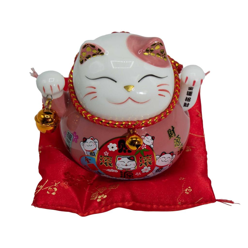 Ceramic Money Cat Moving Hand – Pink On Cushion