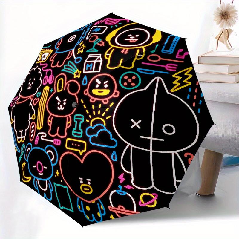 1pc BT21 Merchandise Automatic Folding Umbrella, Portable Collapsible Design, 8-Rib Iron Frame, All-Season Casual Outdoor Accessory for Christmas Birt