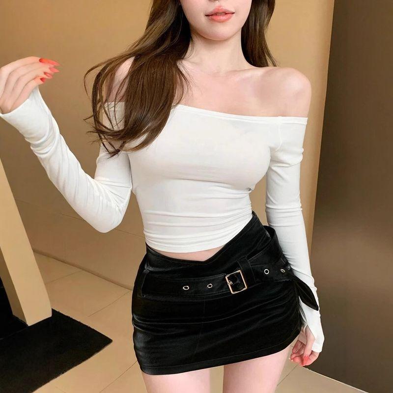 Cross-Border New Arrival Fashion Pure Desire Elegance Slim Fit Long-Sleeved T-shirt off-Shoulder Sexy Pure Color Sexy Short Tops