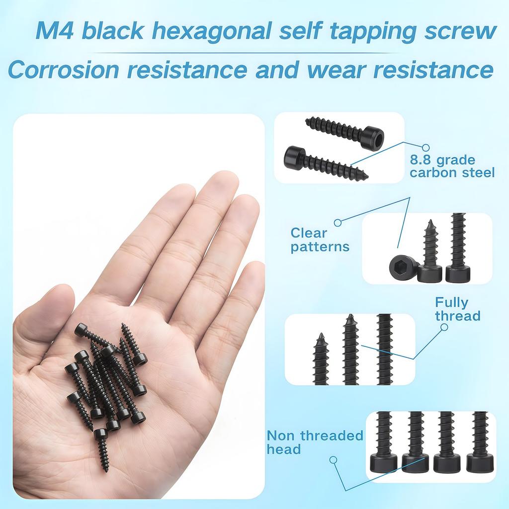 Zmbroll 220pcs M4 Hex Socket Head Cap Grade Black Carbon Hex Socket Sheet Metal Wood Screws with Wrench Self-Tapping Screws,