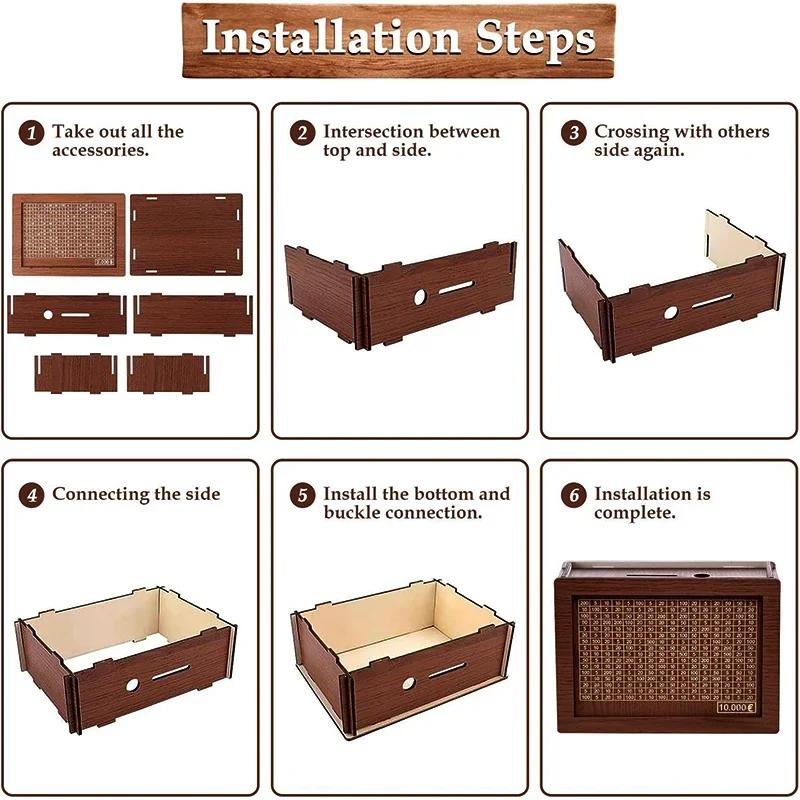 1000/3000/5000/10000 Euro Money Box Wooden Piggy Bank Reusable Money Vault Savings Box Challenge Cash Storage Case Children