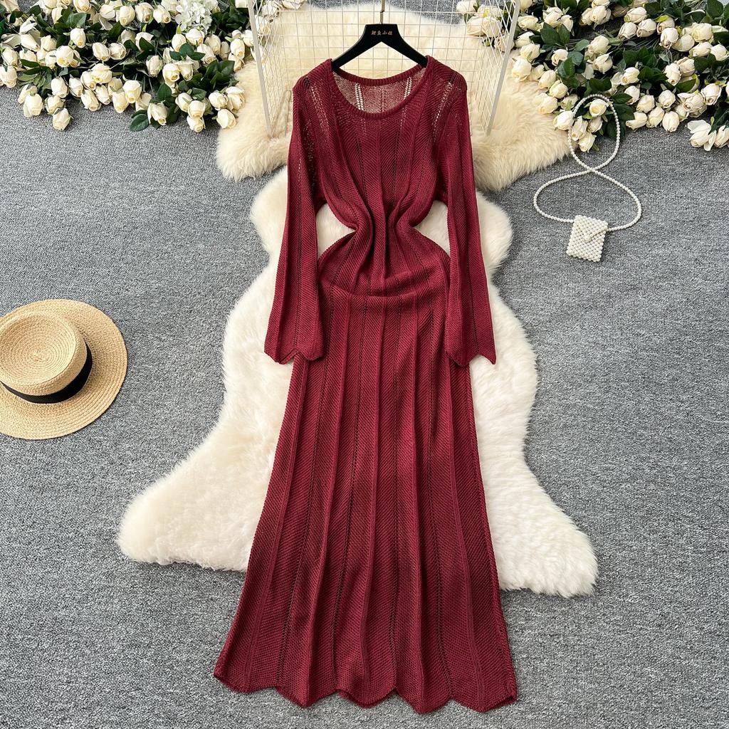 Gentle Wind Niche High-end Round Neck Long-sleeved Hollow Knitted Dress Women's Inner Suspender Skirt Stacked Two-piece Set
