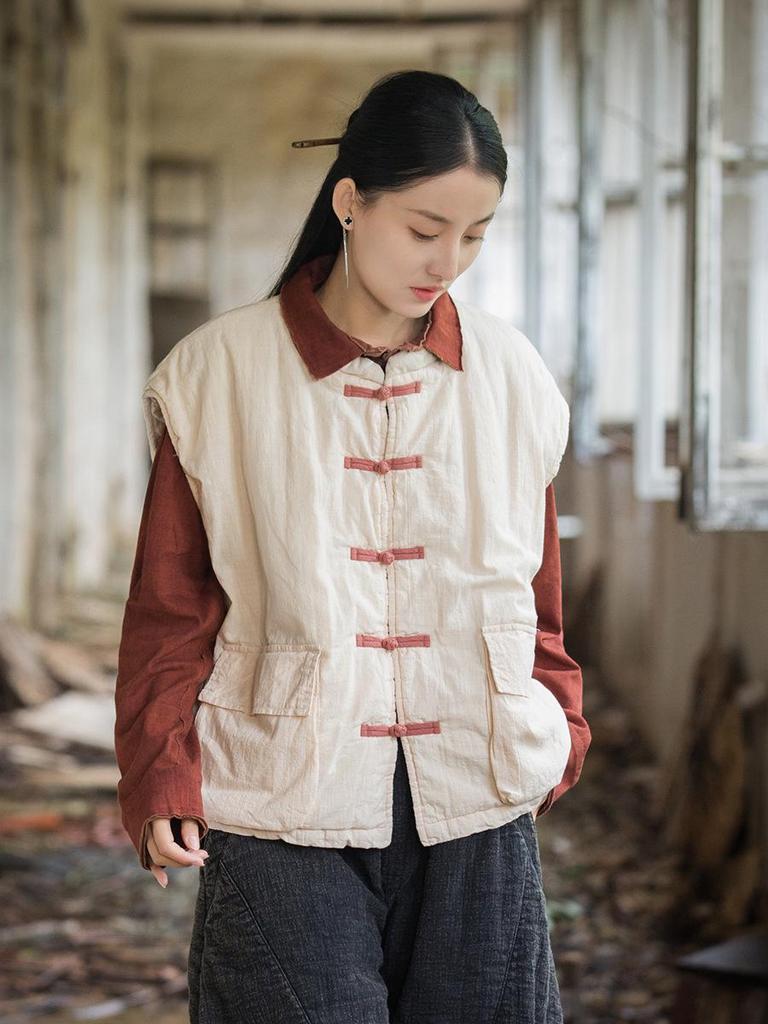 Women's Winter Quilted Cotton Vest with Frog Button - Chinese Style