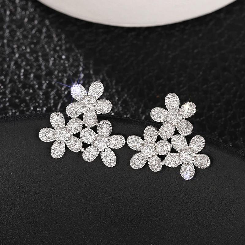 Huitan Beautiful Flowers Stud Earrings with Shiny Cubic Zirconia Graceful Exquisite Sweet Accessories Trendy Wedding Jewelry