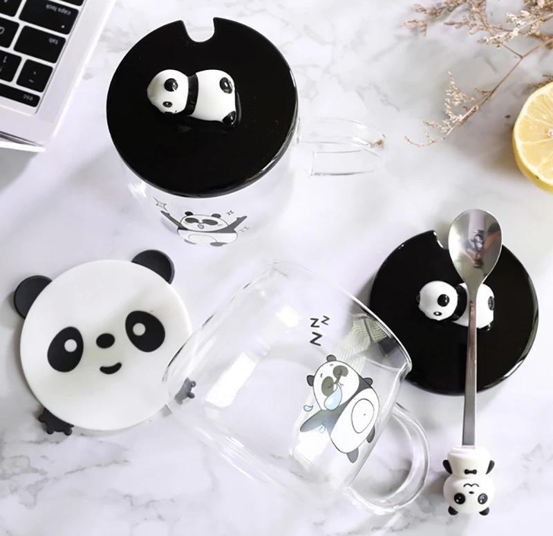 Cană de sticlă rezistentă la căldură creativă de 500 ml cu capac din sticlă borosilicată, cu desene animate de panda, cană de lapte pentru micul dejun și cafea pentru acasă