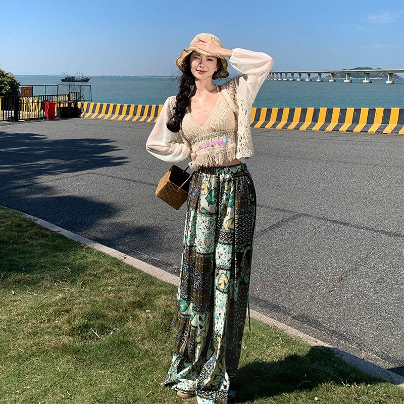 Bohemian Three-piece, Women's Seaside Vacation Fringed Sling Vest Bikini with Split Wide-leg Pants