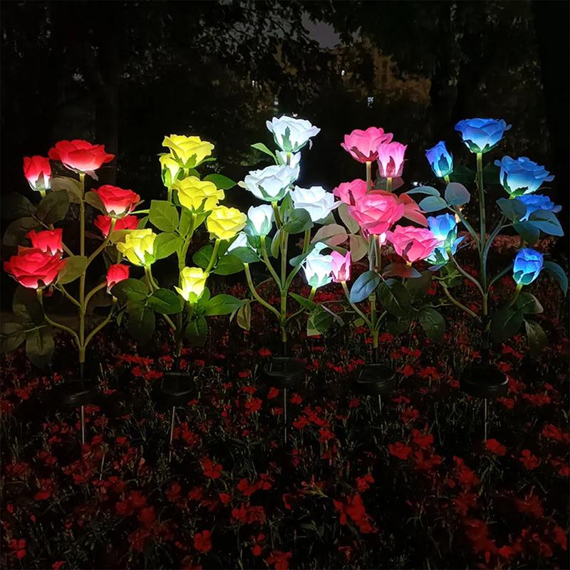 5 Heads Solar Light Yard Lights Outdoor Garden Lighting For Fence White Fence Flowers Roses Flower Lamp Flood Patio Pathway Blue