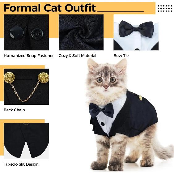 Cat Tuxedo Wedding Suit Formal Pet Bow Tie Outfit Soft Cotton Kitten Birthday Party Costume With Decorative Chain XS-2XL