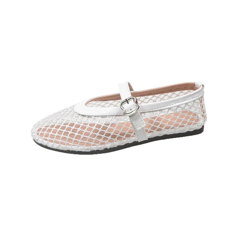 Fashion Mesh Ballet Shoes Women's Spring and Summer New Round Toe Shallow Mouth Cutout Mesh Breathable Flat Sandals