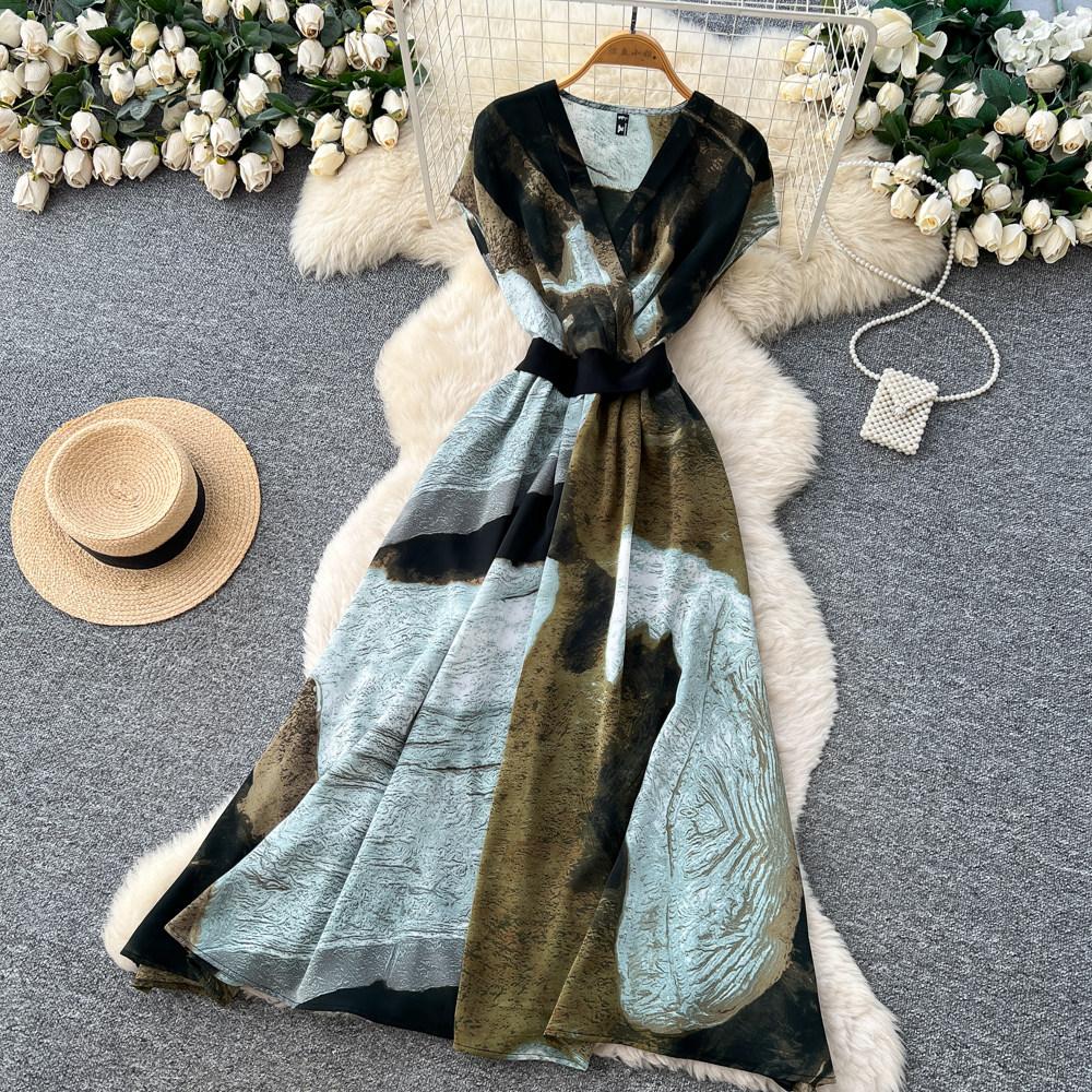 Commute Sleeveless Printed Dress Women Spring New High Waist Slim A Line Long Dress Luxury Design Sense