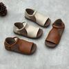 Retro Handmade Genuine Leather Peep Toe Summer Sandals - Soft Cowhide Flat Magic Tape Women's Footwear