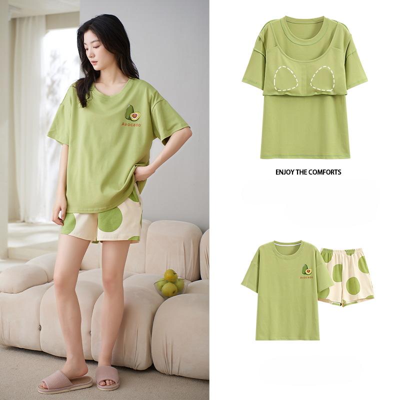 Pyjama Damen Sommer mit Kissen, süßen und niedlichen Shorts, kann außerhalb des kurzärmeligen Baumwollanzugs Homewear getragen werden