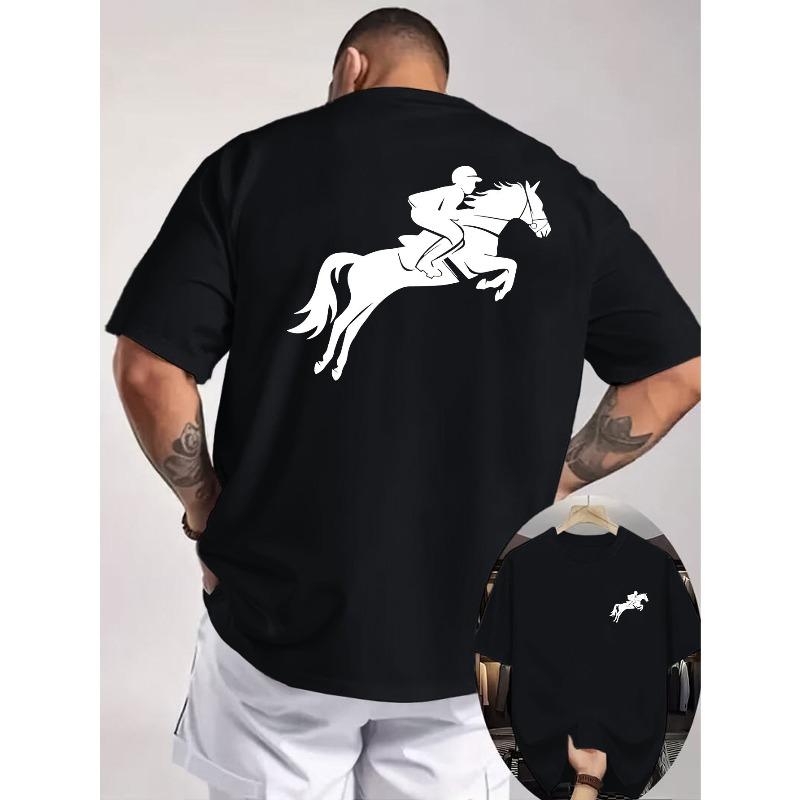 European Size Men s Double-Sided Print T-Shirt with Silhouette of a Racehorse Jockey, Minimalist Equestrian Style,  Top for Equestrian Enthusiasts S чёрный