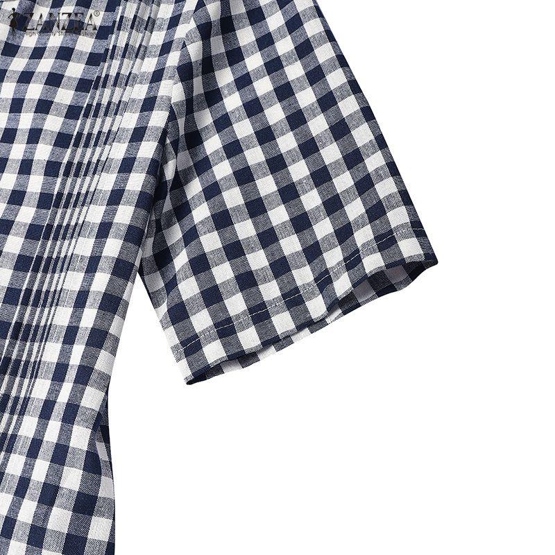 ZANZEA Women Plaid Print Casual Round Neck Short Sleeve Dress