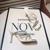 Fashion Hot Selling 2025 Design Style Hollow Out Crystal Diamond Narrow Band Women Slippers Fashion Square Toe Thin Heels Stripper Shoes