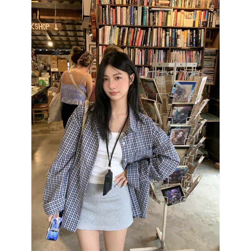 Kumikumi Idle Style Plaid Lapel Long Sleeve Shirts Women Clothes Autumn Casual Loose Mid-Length Shirt Outerwear