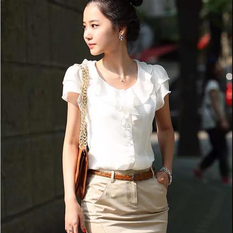 

Women s Summer Temperament Slim Ruffle Sleeve Shirt Round Neck Plus Size Single-breasted Elegant Commuter Blouse XXS белый